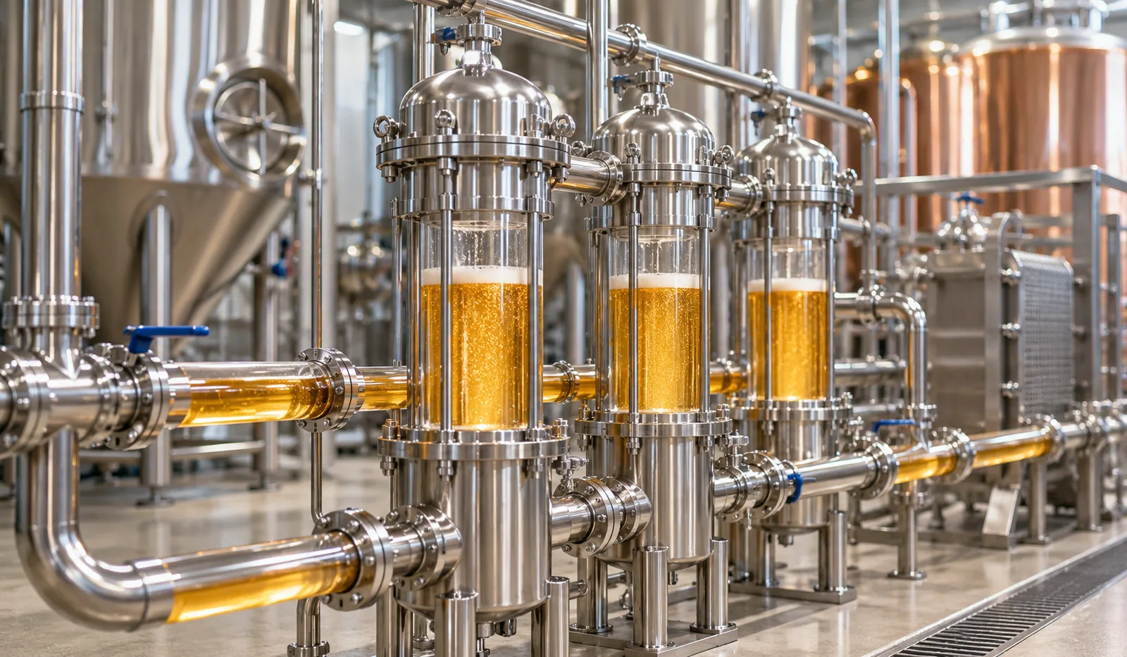 Stainless steel beer filtration system with pipes and valves in a brewery